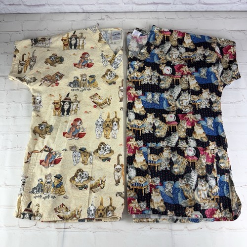 Lot 2 S.C.R.U.B.S Veterinarian Vet Tech Cats & Dogs Medical Scrub Top Women's M