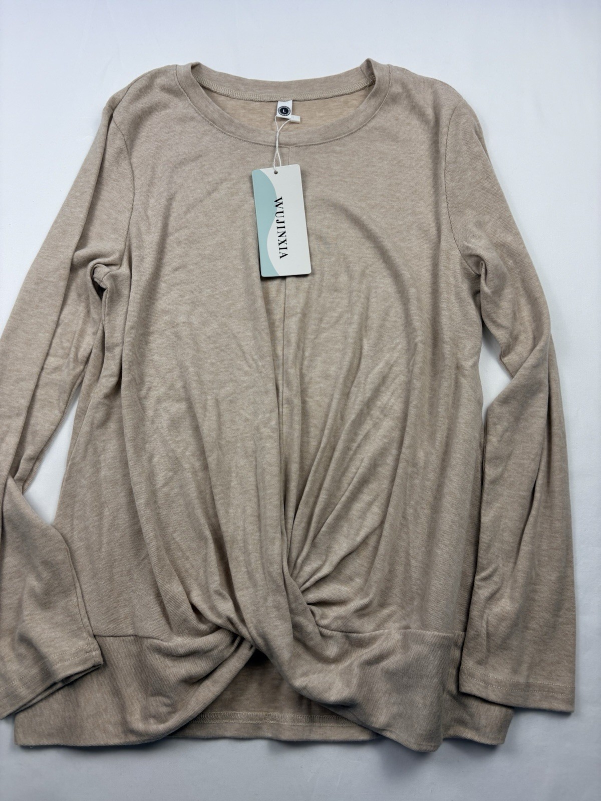 WUJINXIA Women’s Twist Front Long Sleeve Top Beige Tan Casual Blouse Size L NWT