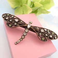 Vintage Bronze Tone Rhinestone Dragonfly Hair Barrette