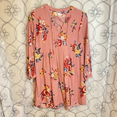 Women s Old Navy Peach Pleated Floral oho Log Sleeve Dress Lace Up Neck Size XS