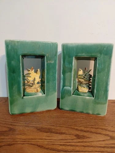 Mccoy 1950's Arcature Green Vase With Yellow Bird - Matching Pair