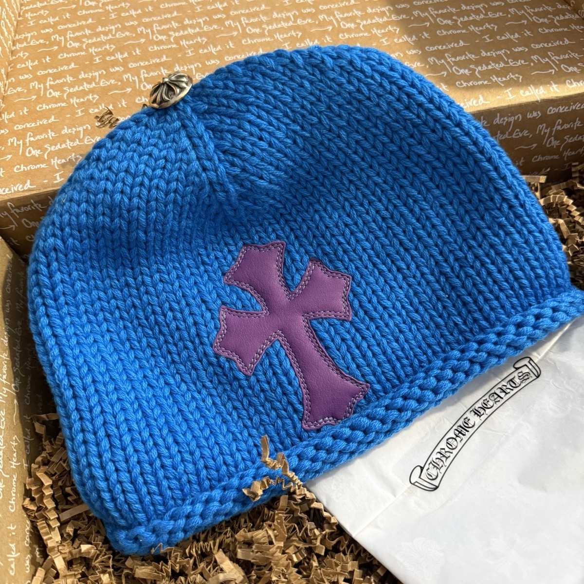 New Authentic Chrome Hearts Blue Cashmere Knit Purple Leather