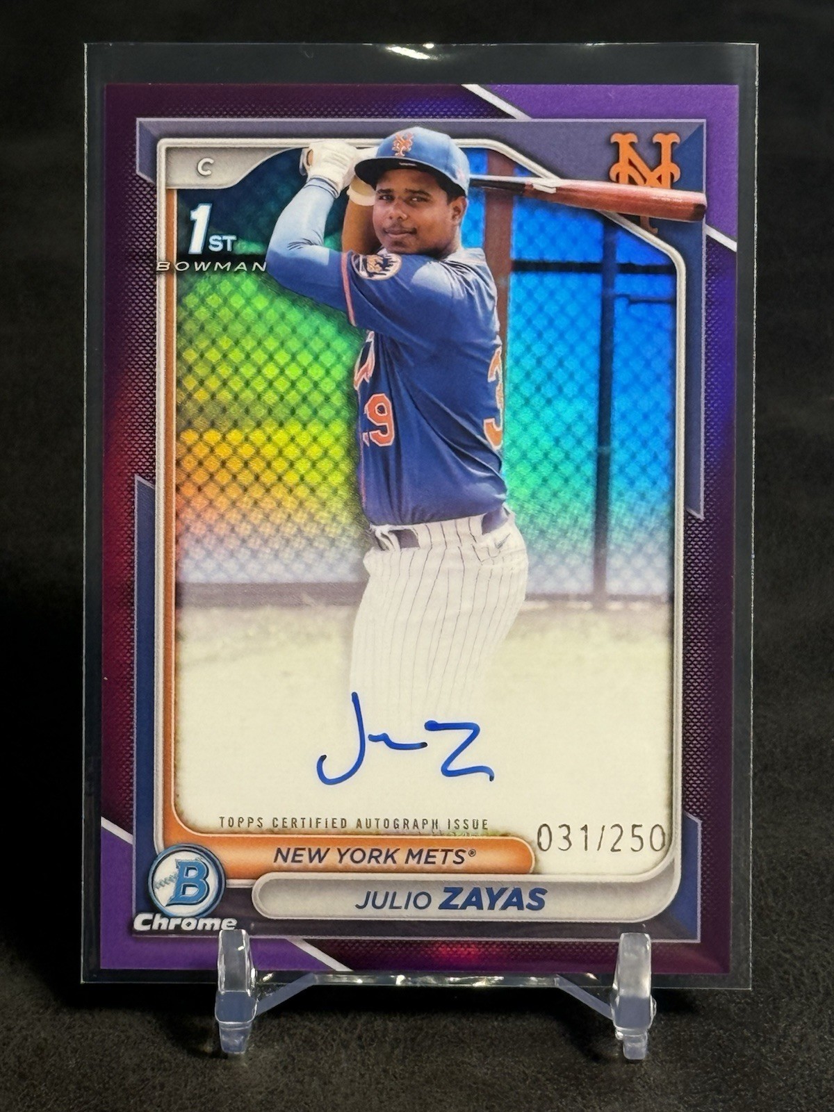 2024 Bowman Chrome Julio Zayas 1st Bowman Rookie RC Purple Refractor Auto /250