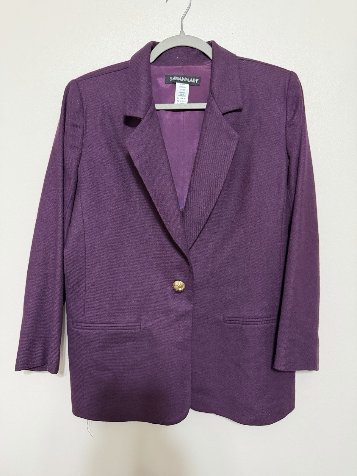 Vintage Savannah Purple Wool Blazer 10P USA Made Structured Career Jacket *hole*