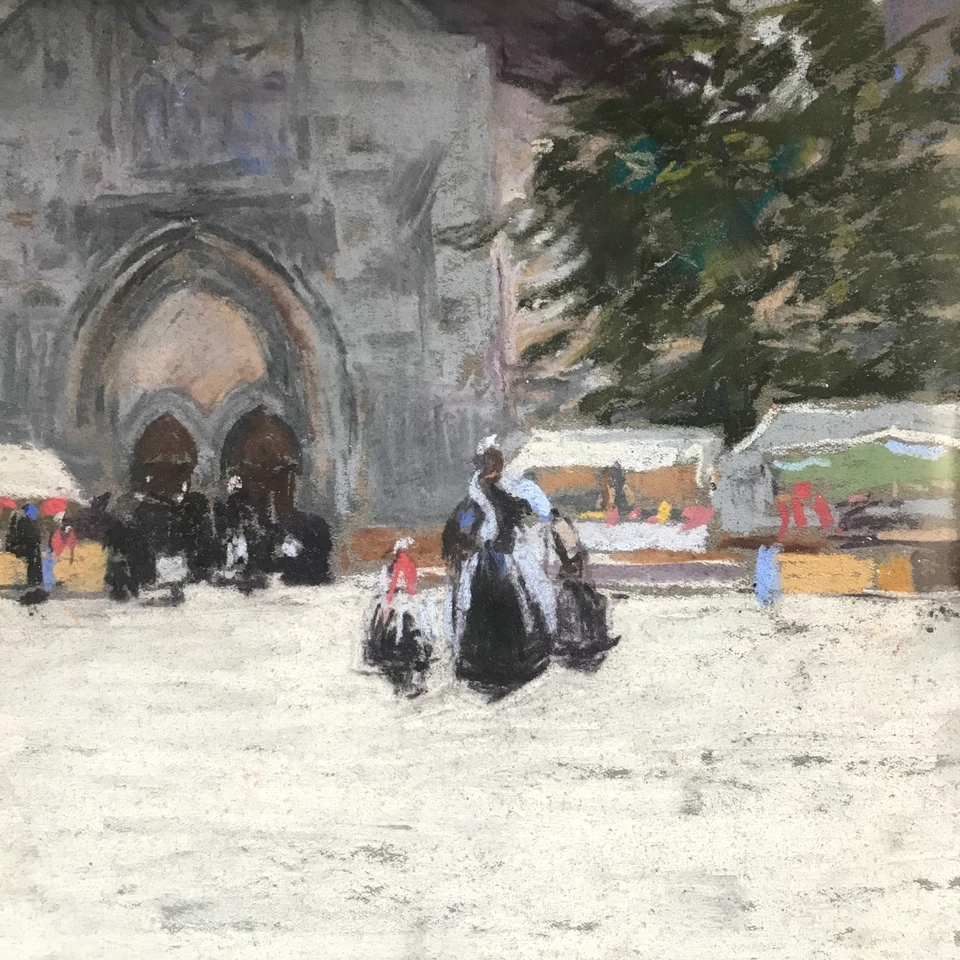 MARCHÉ BRETON dessin au pastel de GARDENTY XIXe peinture Bretagne tableau ancien - Photo 3/4