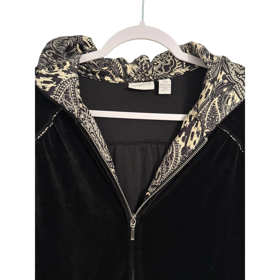 Chaqueta con Capucha Chico's Zenergy Para Mujer L Terciopelo Negro Floral Cremallera Frontal Exterior Foto 3 de 4
