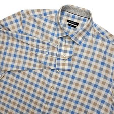 BUGATCHI Dress Shirt Mens Large Blue Tan Gingham Classic Fit Cotton Stretch