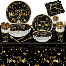 KatchOn, New Years Eve Plates Cups and Napkins Set - Serves 25 Gold Black 