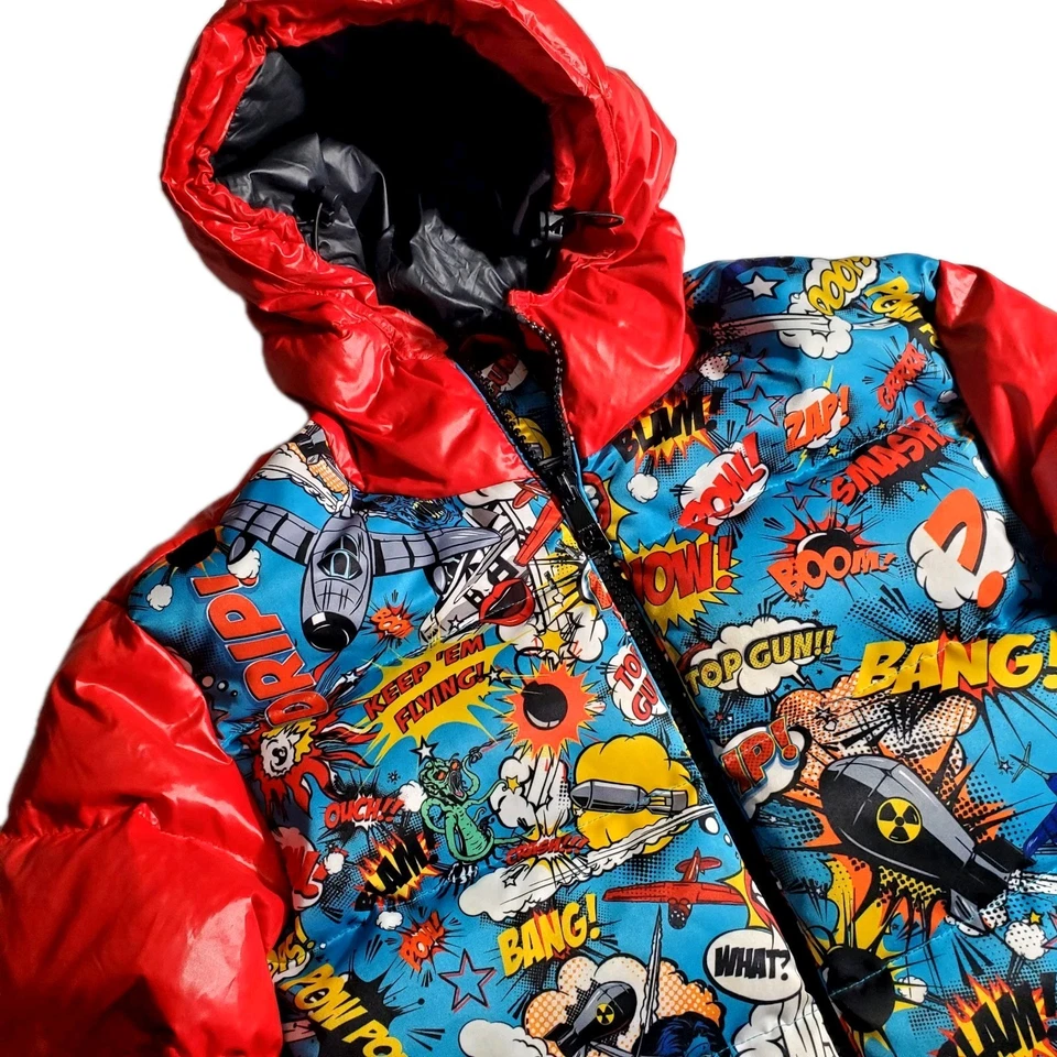 Top Gun Mens Hooded Down Puffer Coat Size XL Red Comic Graphic Print Airplanes - Image 2 of 4