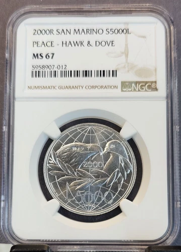 2000 SAN MARINO SILVER 5000 LIRE PEACE HAWK & DOVE NGC MS 67 NICE GEM BU