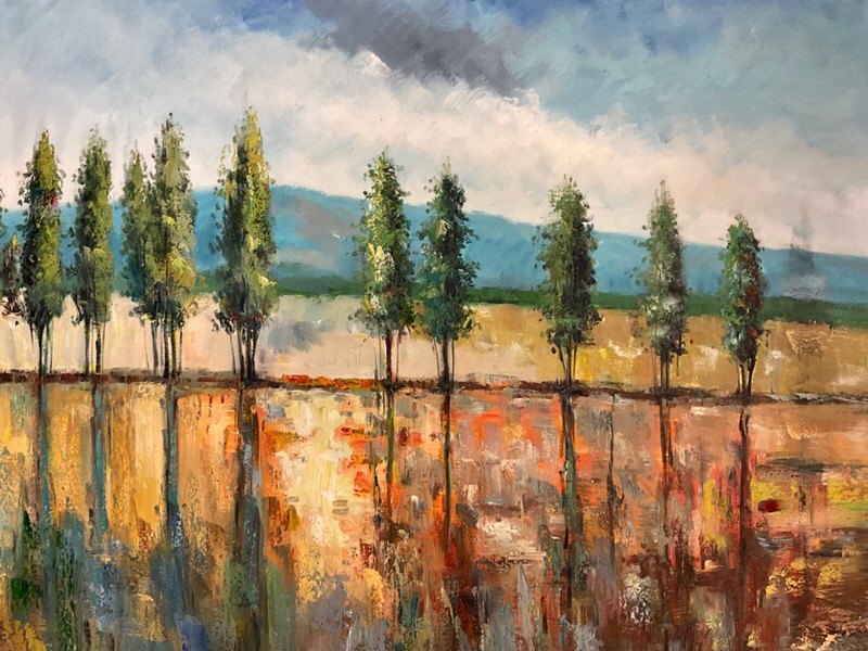 UNSTRETCHED oil on  canvas trees on the field, earth tones painting 36 x 48"