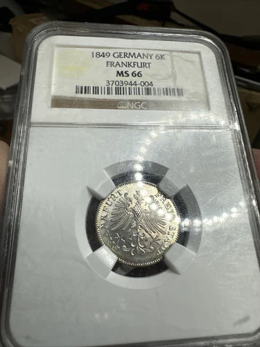 1849 GERMANY FRANKFURT 6 KREUZER NGC MS66 LUSTER