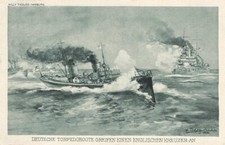 769551) Postcard Ships German torpedo boats grip an english cruiser on gel. 1914
