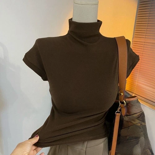 Mujeres Top Mangas Cortas Camiseta Cuello de Tortuga Calce Ajustado Blusa Parte Inferior - Imagen 7 de 25