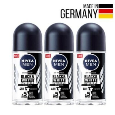 NIVEA Black and White Invisible 48 Hours Man's Deodorant Roll - 50ml, Pack of 3