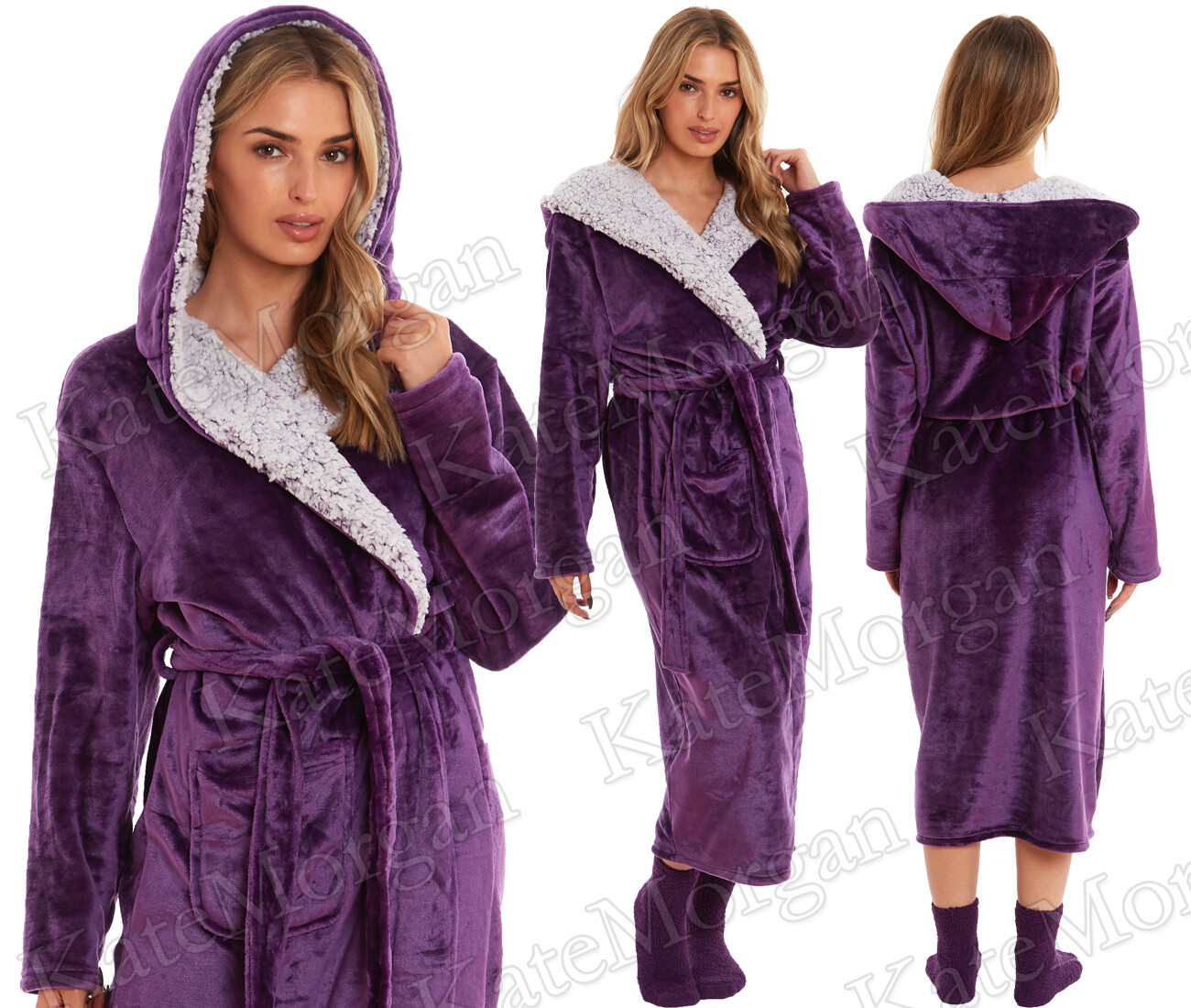 LADIES DRESSING GOWN SOFT AND COSY HOODED WARM FLEECE ROBE NEW Sizes 8