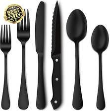 24-Piece Matte Black Silverware Set w/ Steak Knives Stainless Steel Flatware for