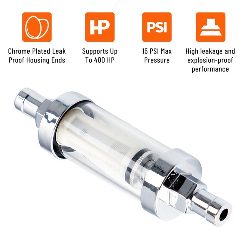 Universal Gas Diesel Fuel Filter ​Clear View Inline 3/8" Chrome Hose Barb ​ - Picture 5 of 14