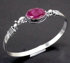 925 Sterling Silver Pink Ruby Gemstone Handmade Jewelry Cuff Bracelet Size-ADJ