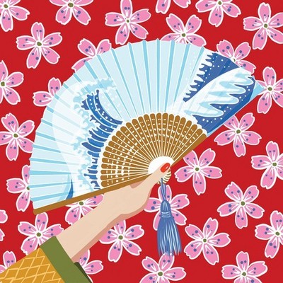 20 Servietten Nao Fächer Kirschblüten Meereswellen Japan Sakura Geisha 33x33cm