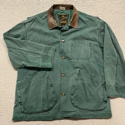 #ad Anchor Blue Chore Jacket Mens M Green Leather Collar Barn Coat Work Wear Vtg $39.88