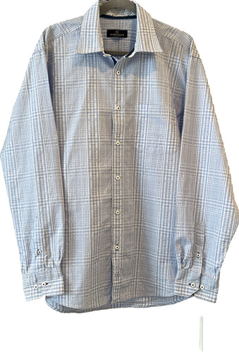 Bugatchi Uomo Men's XL Blue Plaid Button Up Shirt 100% Cotton Long Sleeve