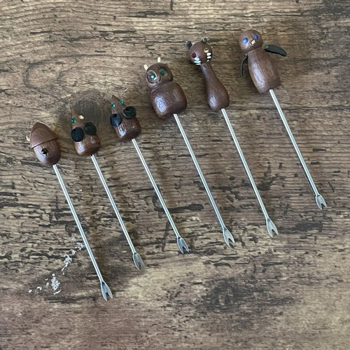 Vintage Danish MCM Teak Wood Handle Cocktail Picks Forks Set of 6 Cat Mouse Owl - Picture 1 of 8