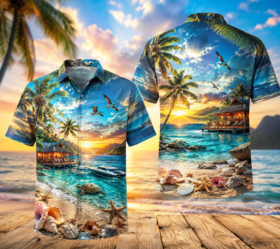 Luxury Hawaiian Shirt Tropical Beach Sunset Sea Turtle Resort Island Aloha