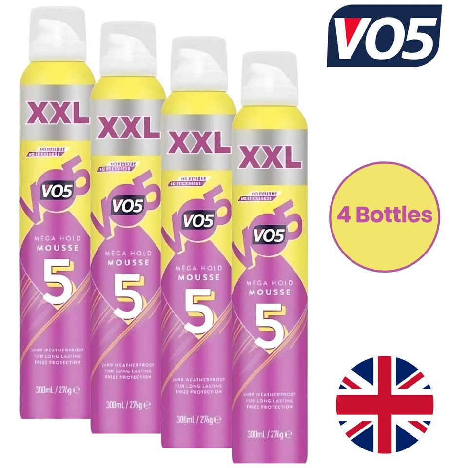 ALBERTO VO5 4 x VO5 Mega Hold XXL Mousse Extra Strong Hair Styling Foam Frizz Control 300ml