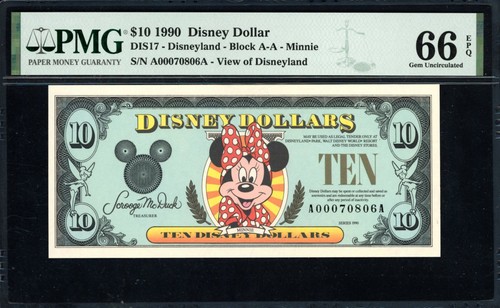 1990 10 $ Disney Dollar Minnie PMG Gem Uncirculated 66 EPQ DIS17 AA Block