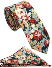 Mens Cotton Skinny Green Floral Tie Combo Set with Pocket Square