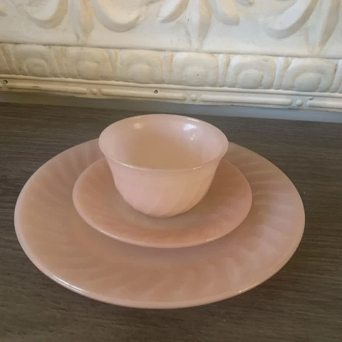 Vintage Fire King 3 pieces Pink Swirl Tea Cup and Saucer + Dinner Plate
