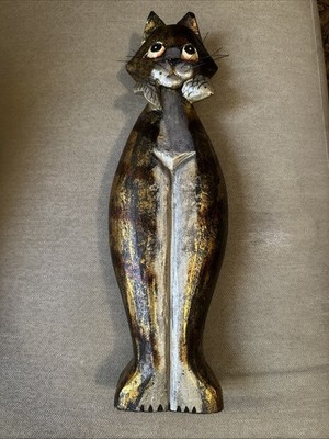 Vintage Pier 1 Cat with Fish 19 3/4  Tall EUC Wood Bronze/Gold/Black