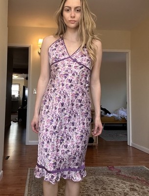 Vintage Express Y2k Silk Midi Halter Dress Size 5/6 S Floral Boho Romantic Retro