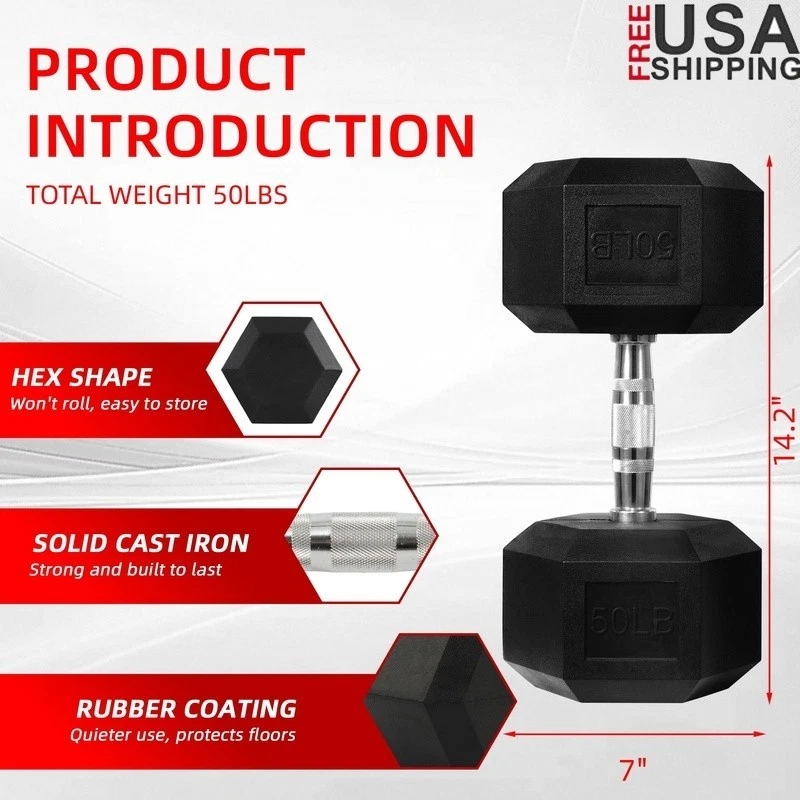 50LB Rubber Encased Hex Dumbbell Weight Strength Training Home Gym Fitness New