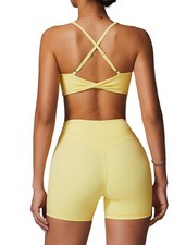 Workout Sets for Women 2 Piece V Neck Twist Back Sports Bra High Waist Biker ...