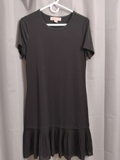 MICHAEL KORS Black Poly Stretch Crew Neck Short Sleeve Pleated Hem Dress Size M