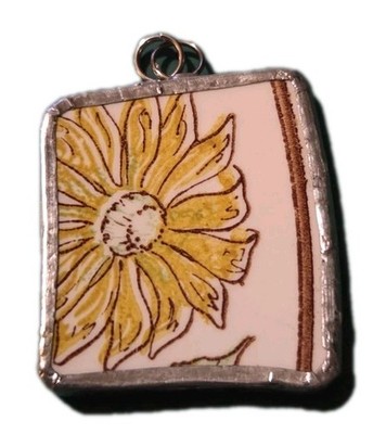Broken China Pendant Silver Tone Yellow Flower Brown Lines Fall Autumn Necklace
