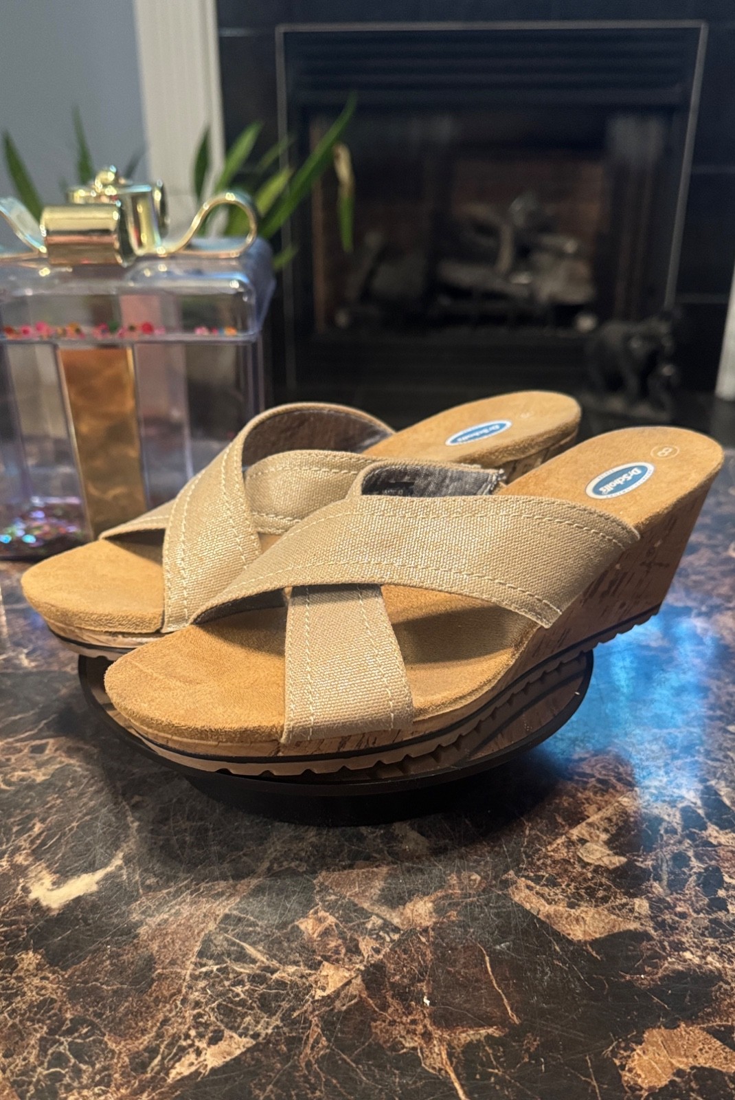 Dr Scholls Womens Sandals Criss Cross Strap Cork Wedge Mettalic Tan Size 8
