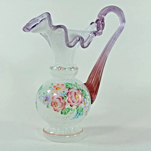 Fenton Hand Painted Opalescent Pitcher Ruffled Rim Purple Handle Floral
