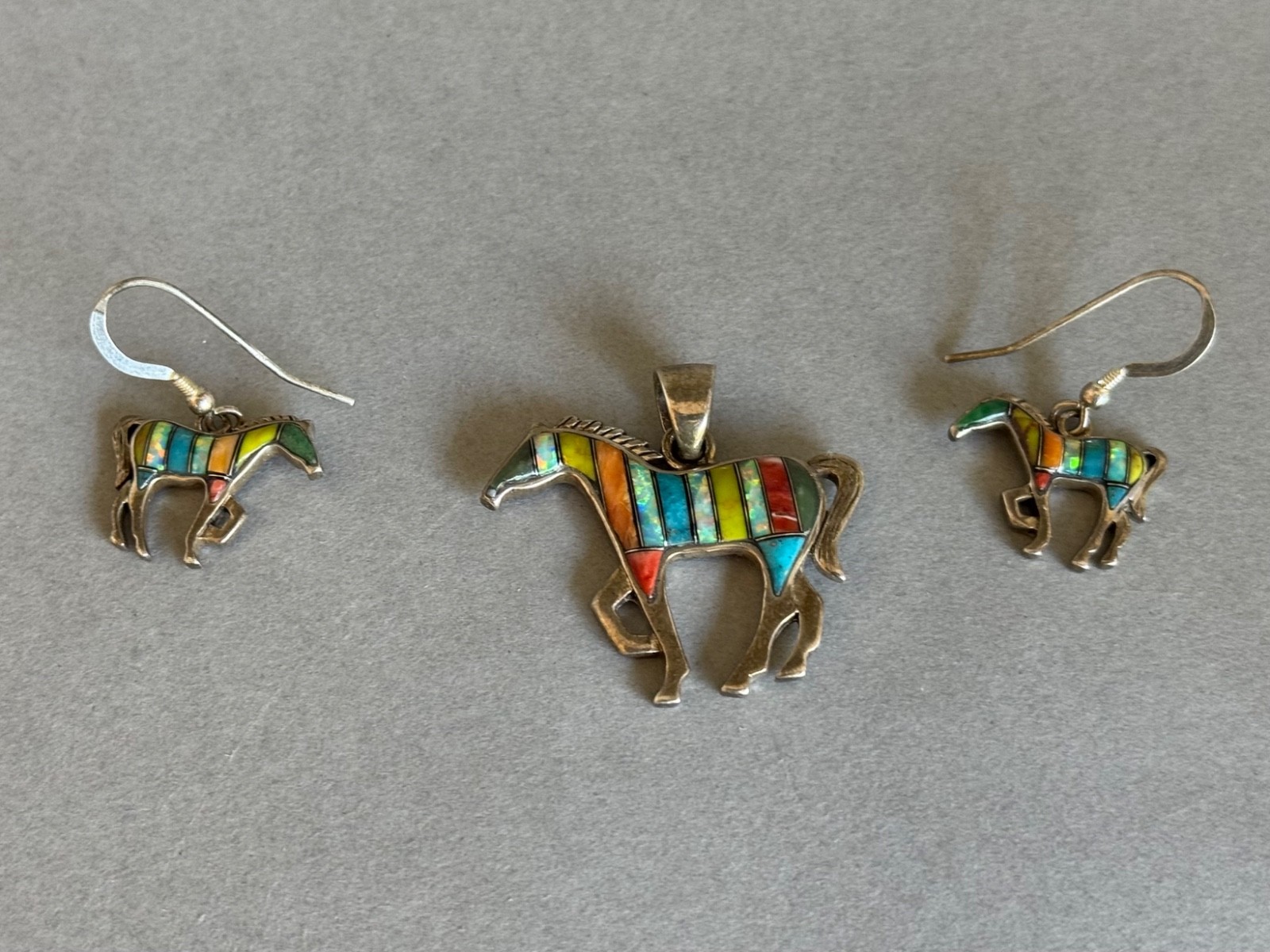 Vintage Zuni Sterling Silver Stone Inlay Horse Pendant and Earrings Set