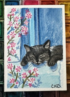 ACEO Original Watercolor Cat   PinkPetals & Black Whiskers  Signed 2.5 X3. 5