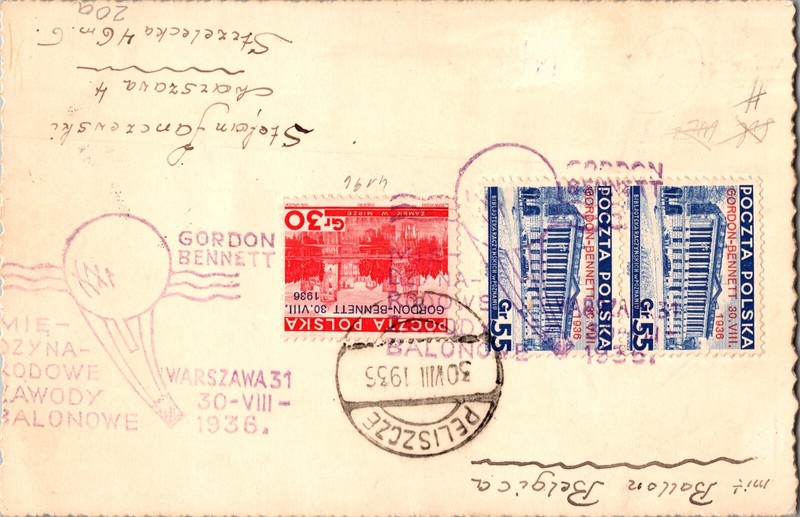 1936 Peliszcze Poland via Belgica Balloon Flight Postcard Cover To Warsaw