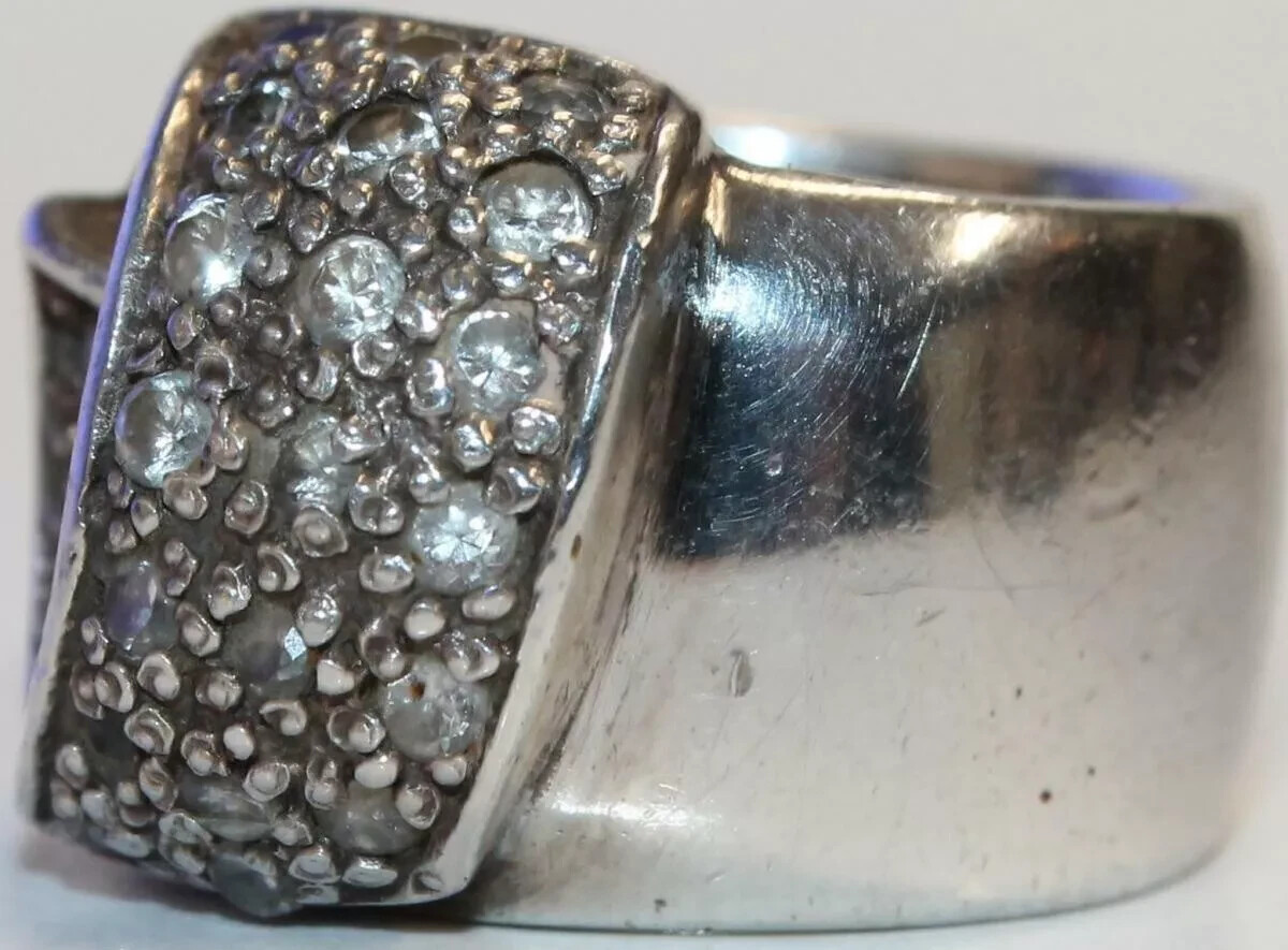 B0018 - Solid Wide 925 Silver Ring with Clear Sto… - image 3