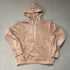 Fila Track Jacket Women's Small Velour Hooded 1/4 Zip Pink Logo Spellout Stretch