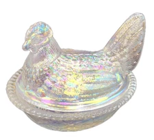 5" Chicken Hen Crystal Carnival Woven On Covered Basket Westmoreland Candy