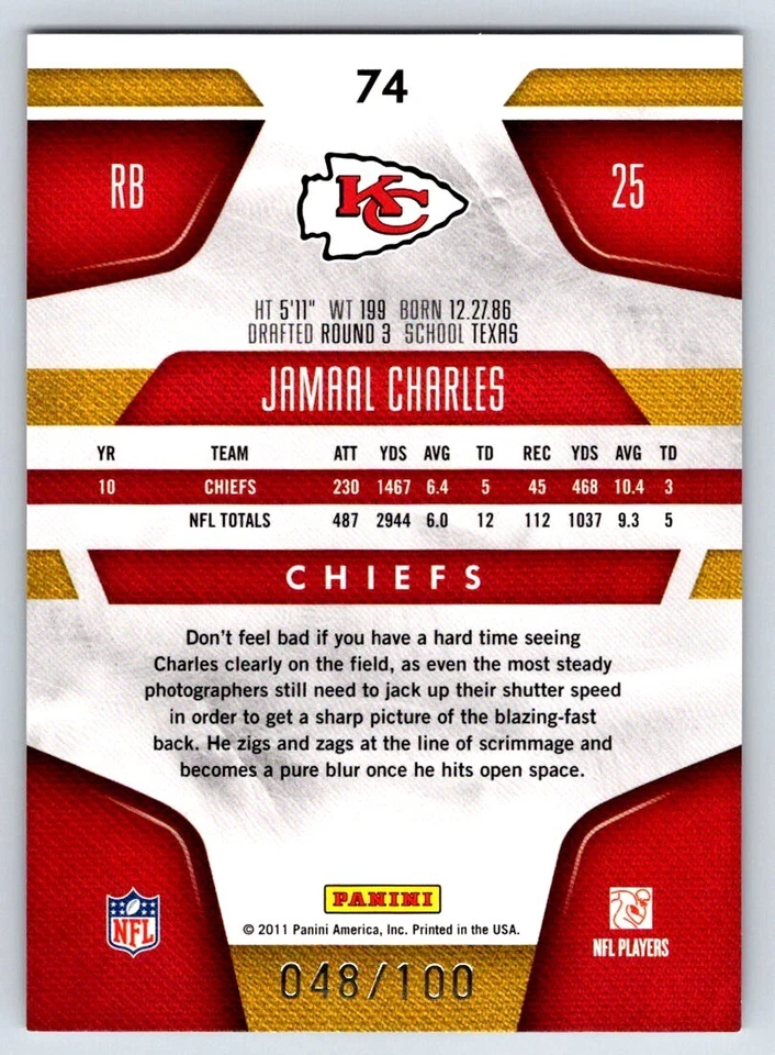 2011 Panini Certified 74 Jamaal Charles Mirror Blue SP /100 Kansas City Chiefs - Image 2 of 3