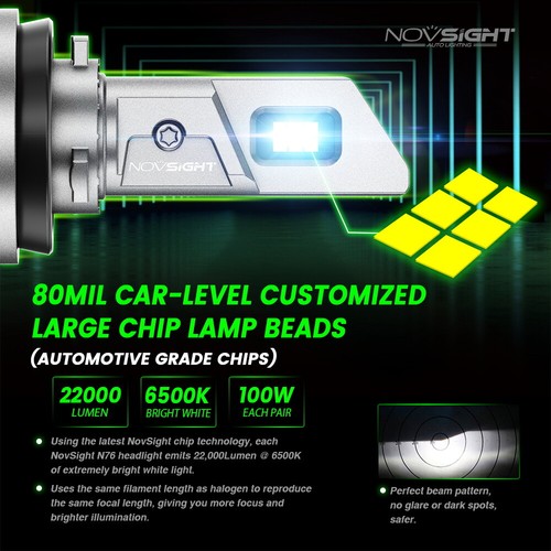 NOVSIGHT H11 LED Headlights Low Beam Bulbs Kit Super Bright 6500K White 22000LM - Picture 2 of 14