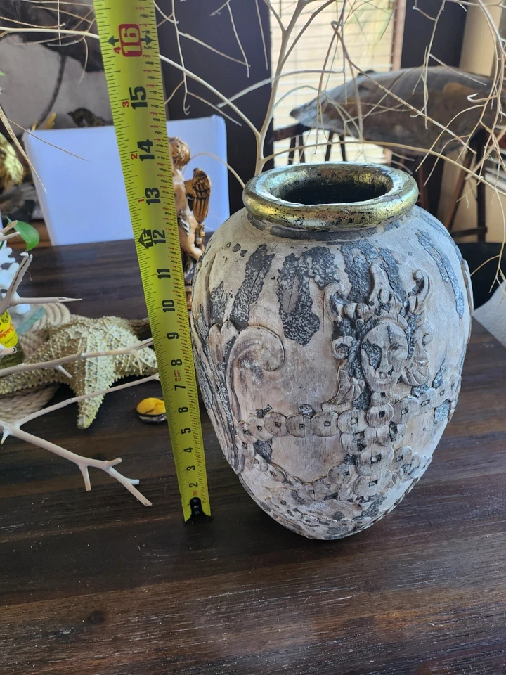 Antique Hand Carved Asian Wooden 13" Chinese Vase Vessel Feng Shui Goodluck Coin - Image 2 of 4