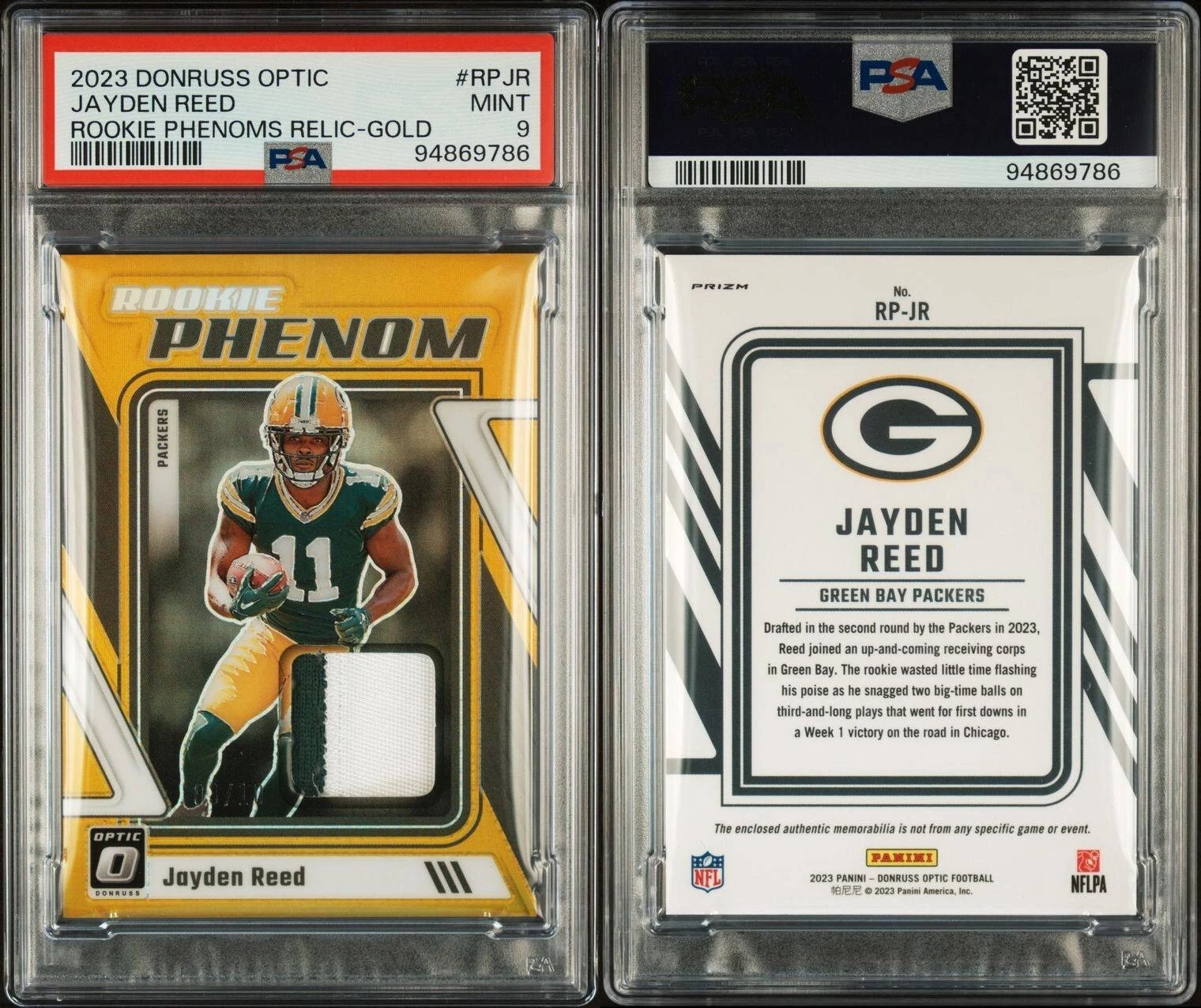 Jayden Reed Panini Donruss Optic Rookie Phenoms Relics #RPJR Gold